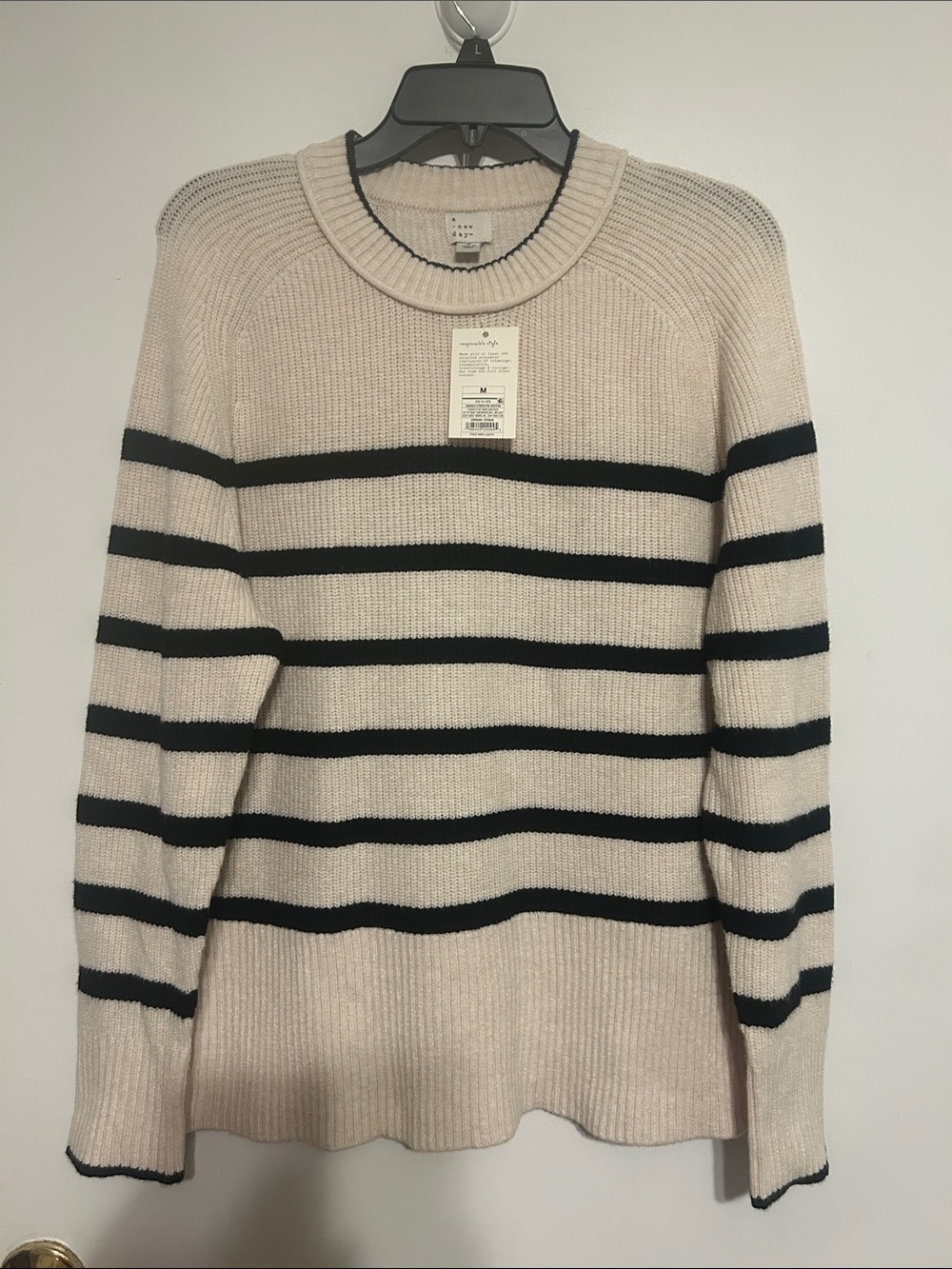 a new day light beige and Black Striped Crewneck Sweater